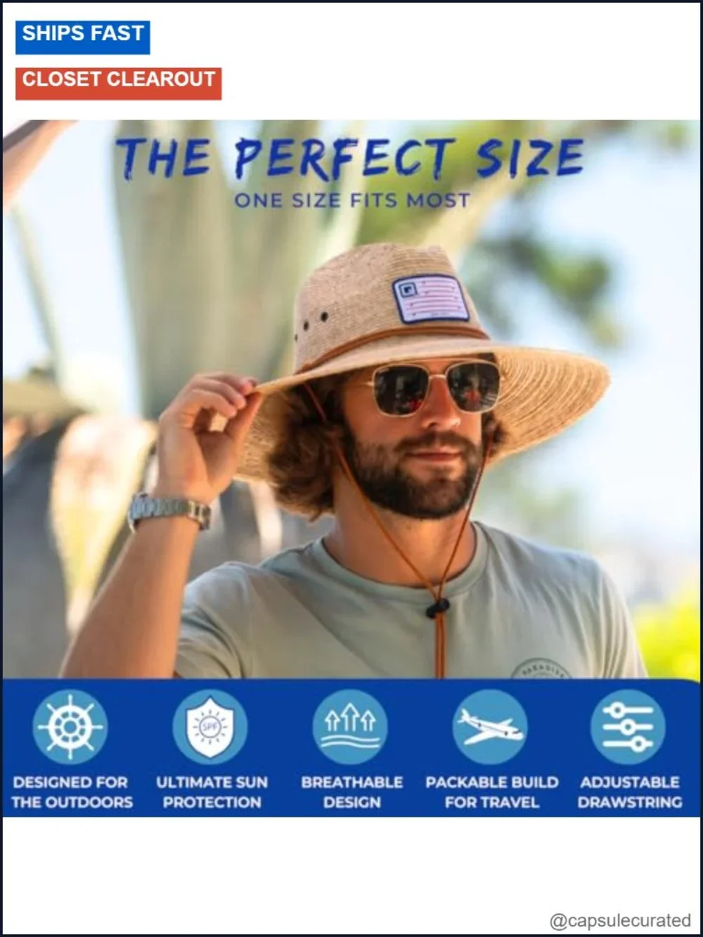 100% Straw Fiber Packable Lifeguard Sun Hat with Drawstring